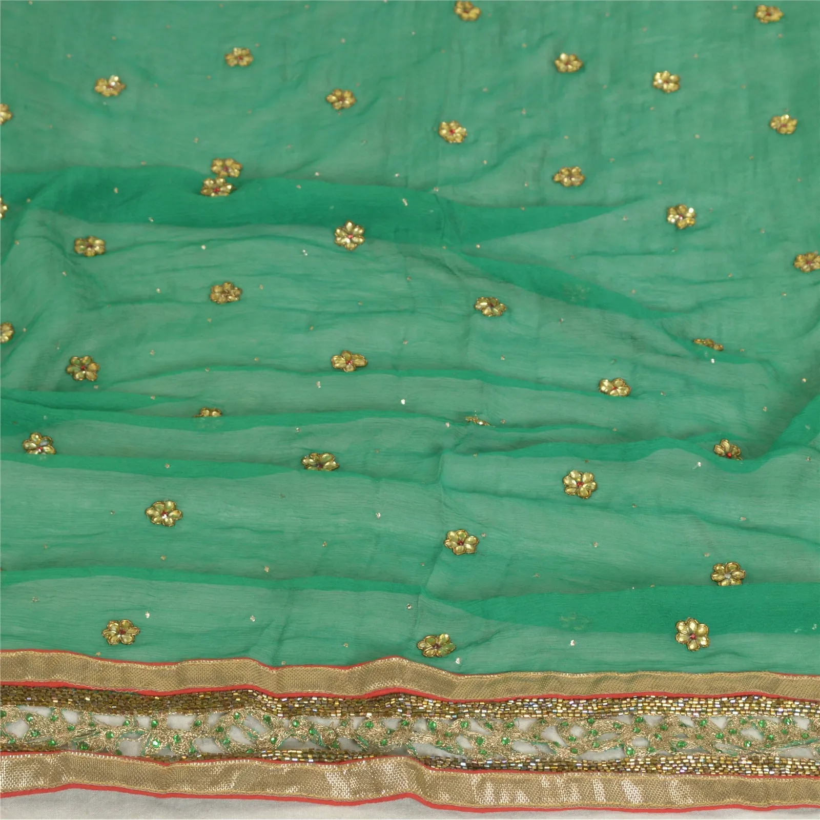 Sanskriti Vintage Long Green Dupatta/Stole Pure Chiffon Silk Hand Beaded Scarves