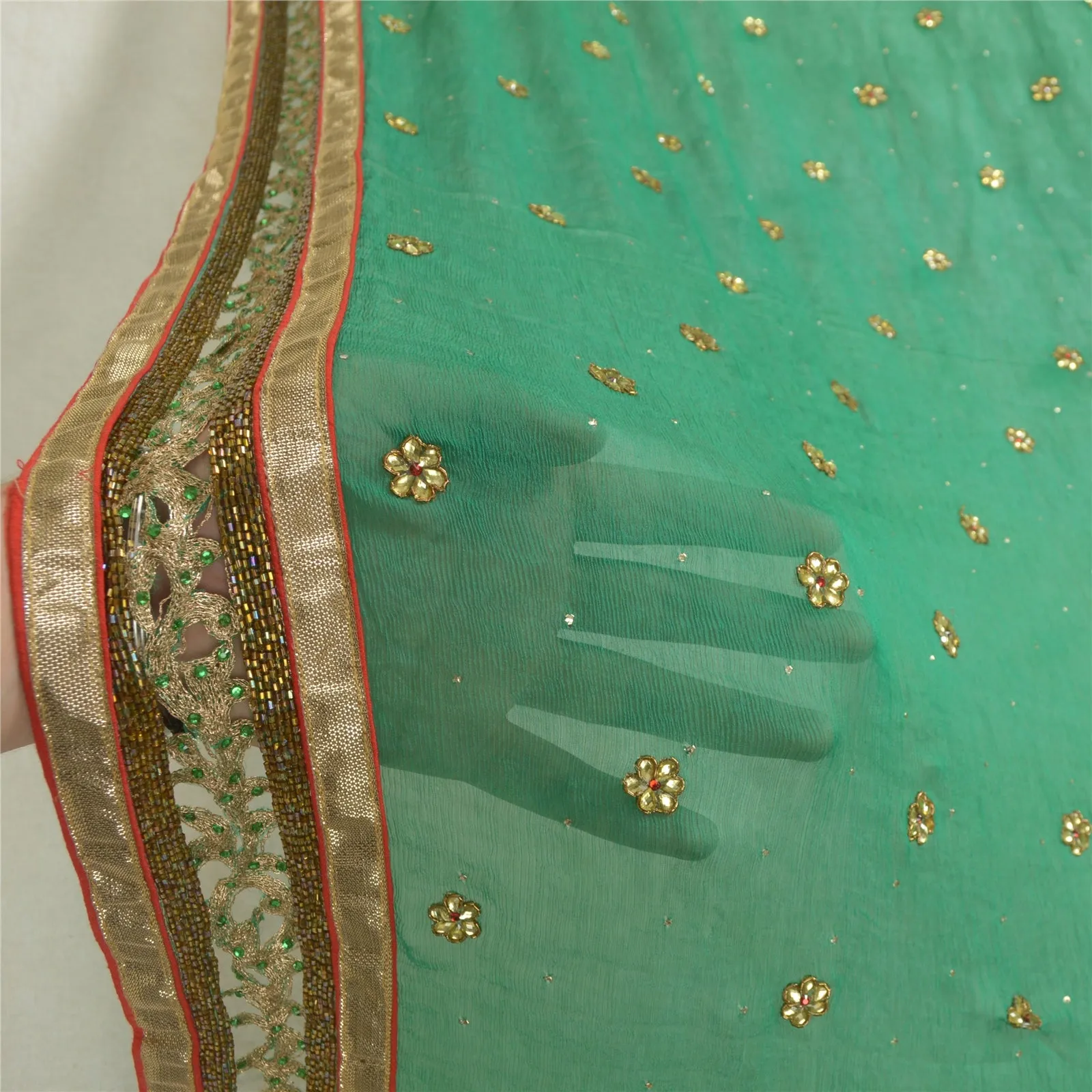 Sanskriti Vintage Long Green Dupatta/Stole Pure Chiffon Silk Hand Beaded Scarves