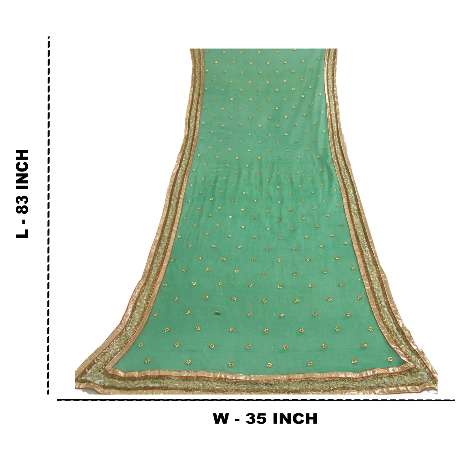 Sanskriti Vintage Long Green Dupatta/Stole Pure Chiffon Silk Hand Beaded Scarves