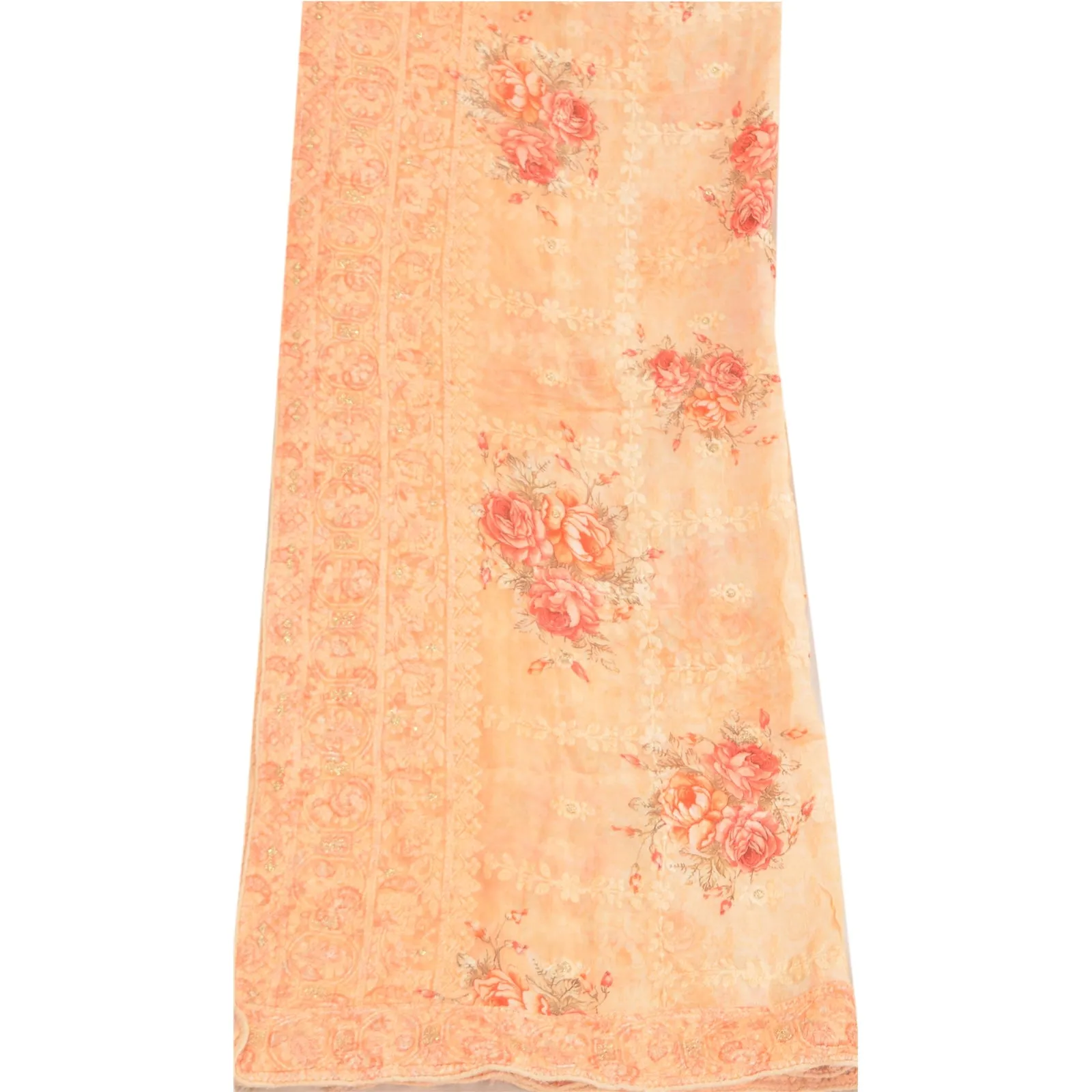 Sanskriti Vintage Long Peach Dupatta/Stole Blend Georgette Embroidered Scarves