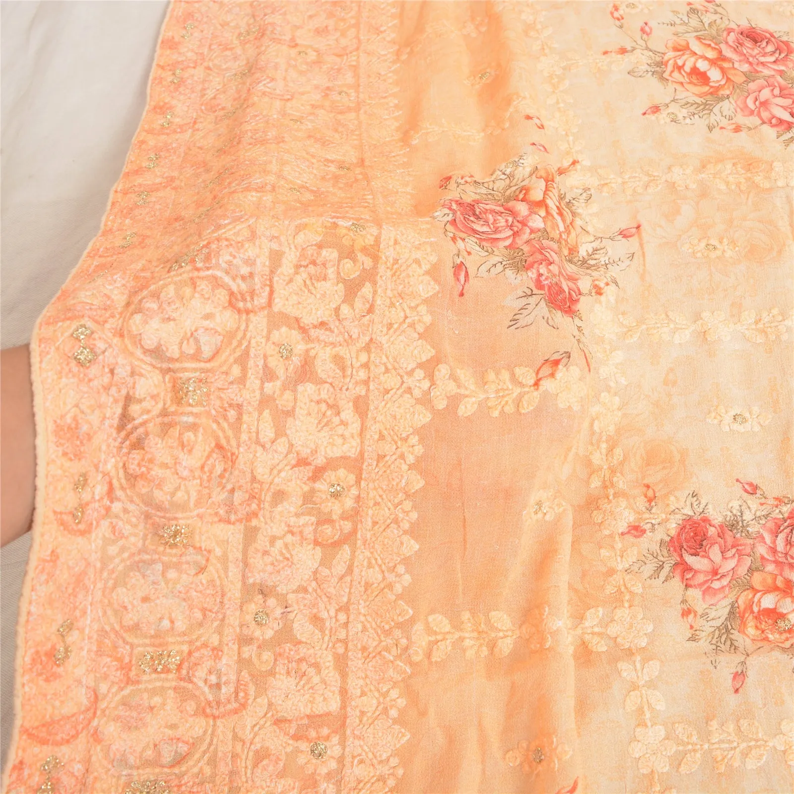 Sanskriti Vintage Long Peach Dupatta/Stole Blend Georgette Embroidered Scarves