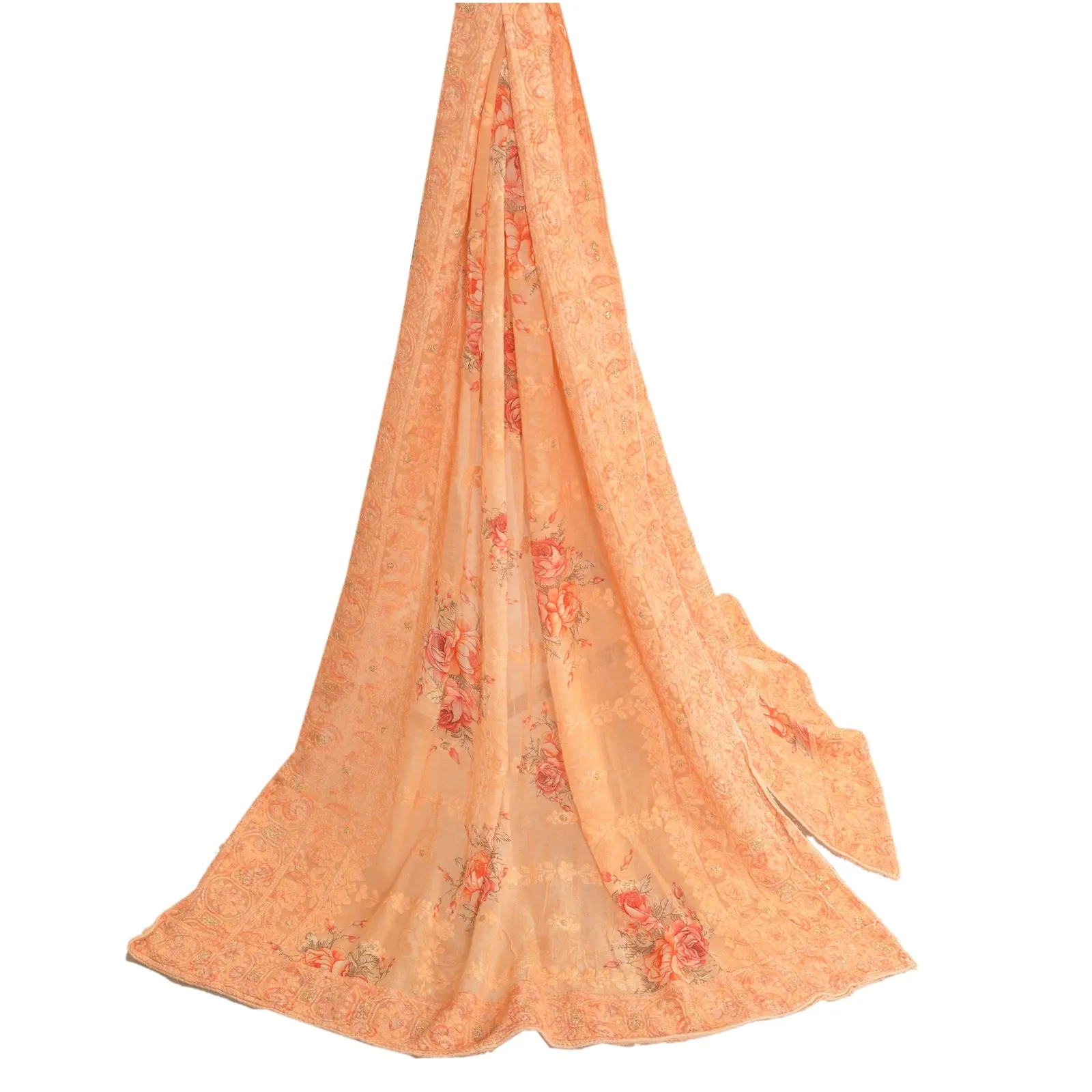 Sanskriti Vintage Long Peach Dupatta/Stole Blend Georgette Embroidered Scarves