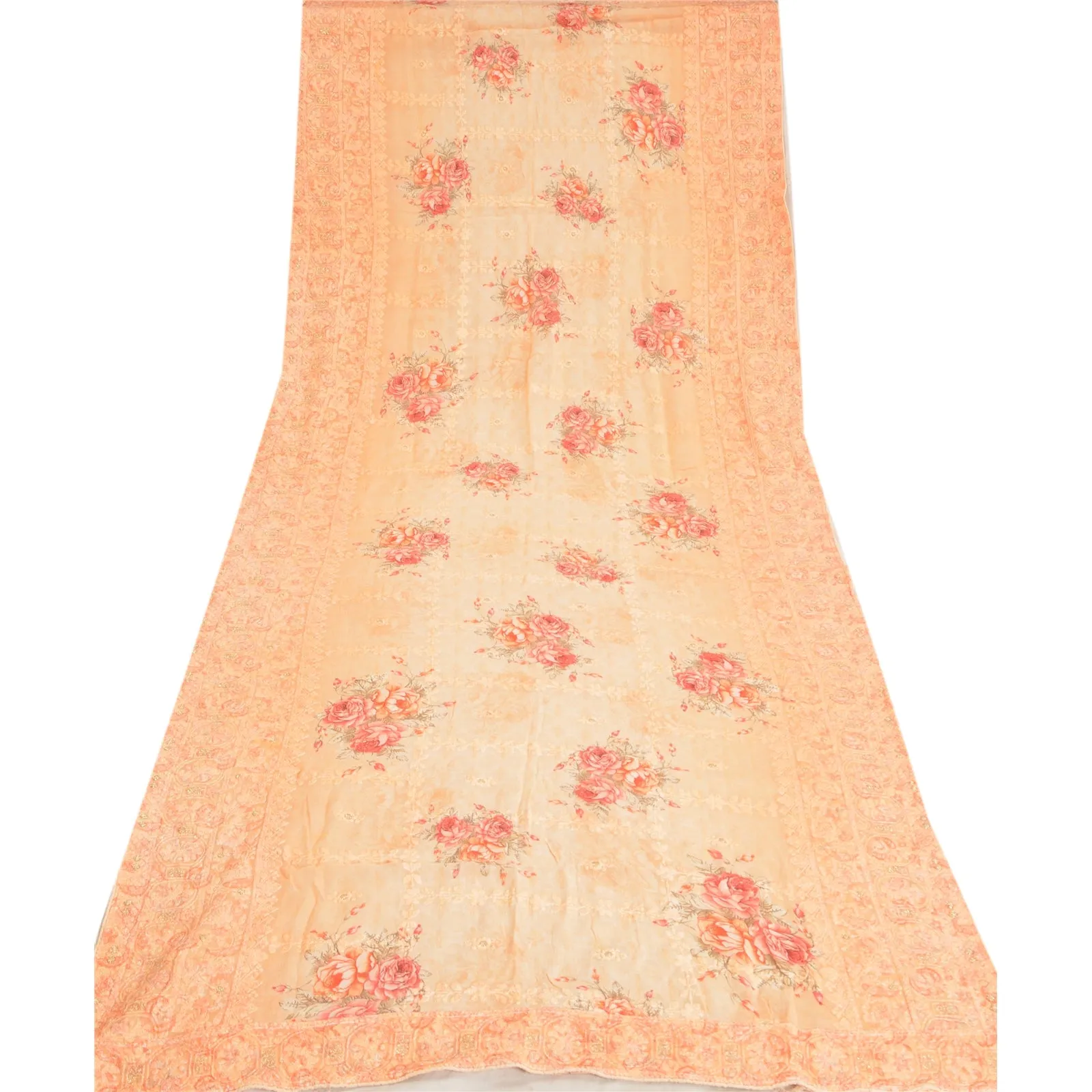 Sanskriti Vintage Long Peach Dupatta/Stole Blend Georgette Embroidered Scarves