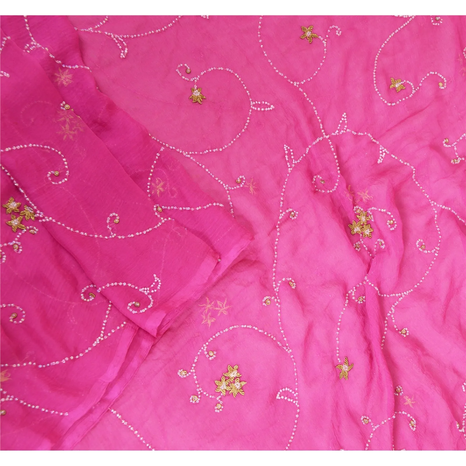 Sanskriti Vintage Long Pink Dupatta/Stole Pure Chiffon Silk Hand Beaded Scarves