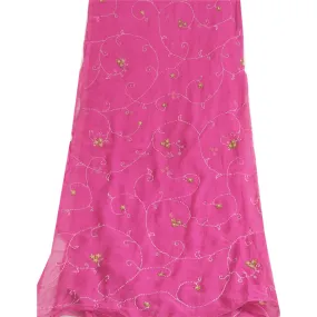 Sanskriti Vintage Long Pink Dupatta/Stole Pure Chiffon Silk Hand Beaded Scarves