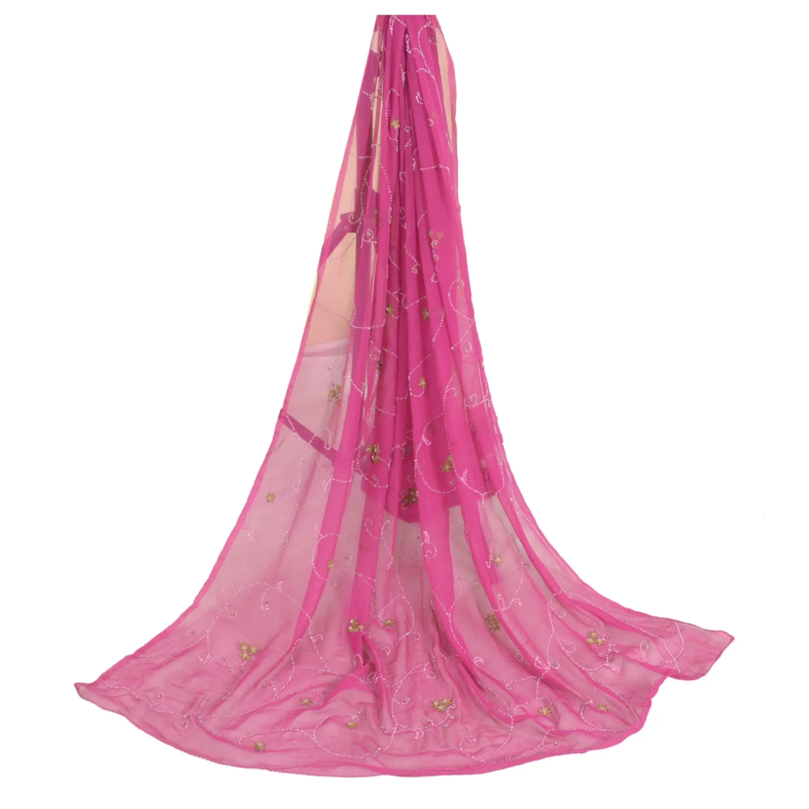 Sanskriti Vintage Long Pink Dupatta/Stole Pure Chiffon Silk Hand Beaded Scarves