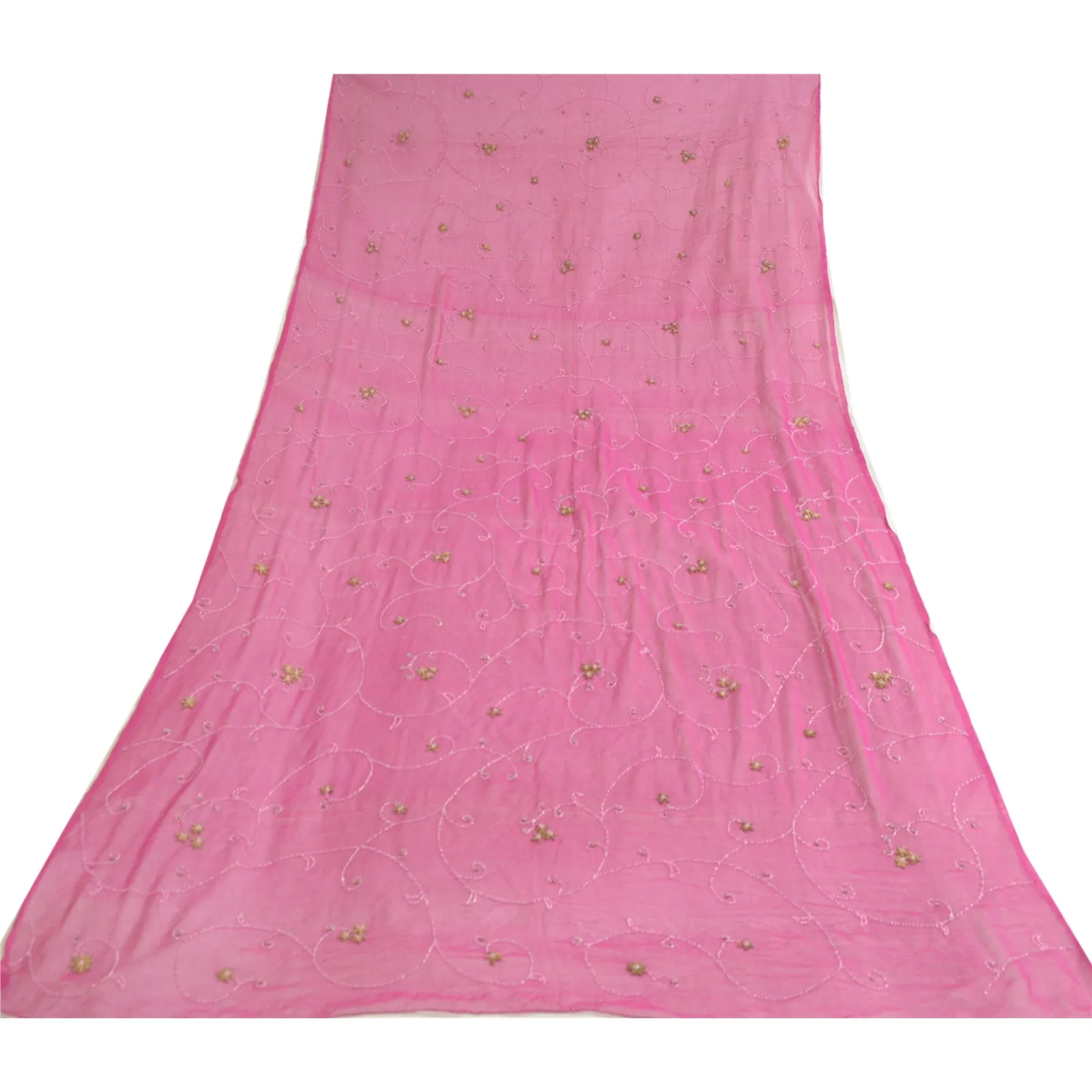 Sanskriti Vintage Long Pink Dupatta/Stole Pure Chiffon Silk Hand Beaded Scarves