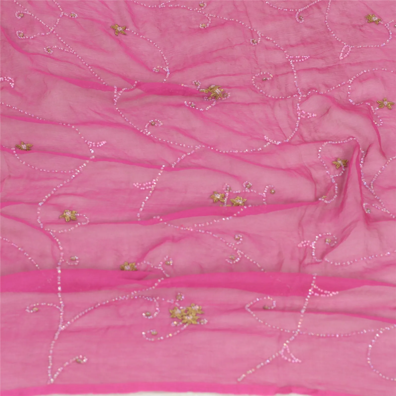 Sanskriti Vintage Long Pink Dupatta/Stole Pure Chiffon Silk Hand Beaded Scarves