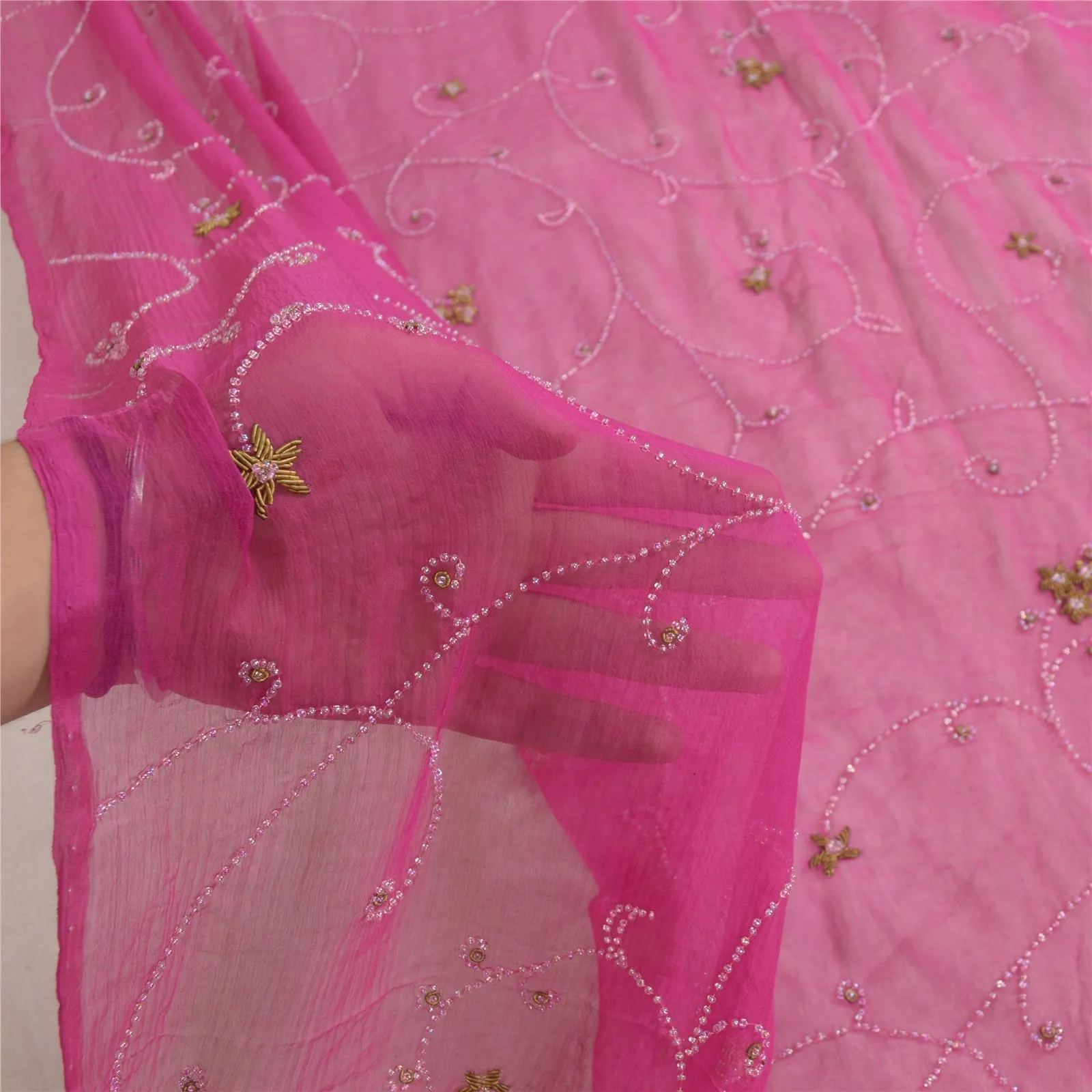 Sanskriti Vintage Long Pink Dupatta/Stole Pure Chiffon Silk Hand Beaded Scarves