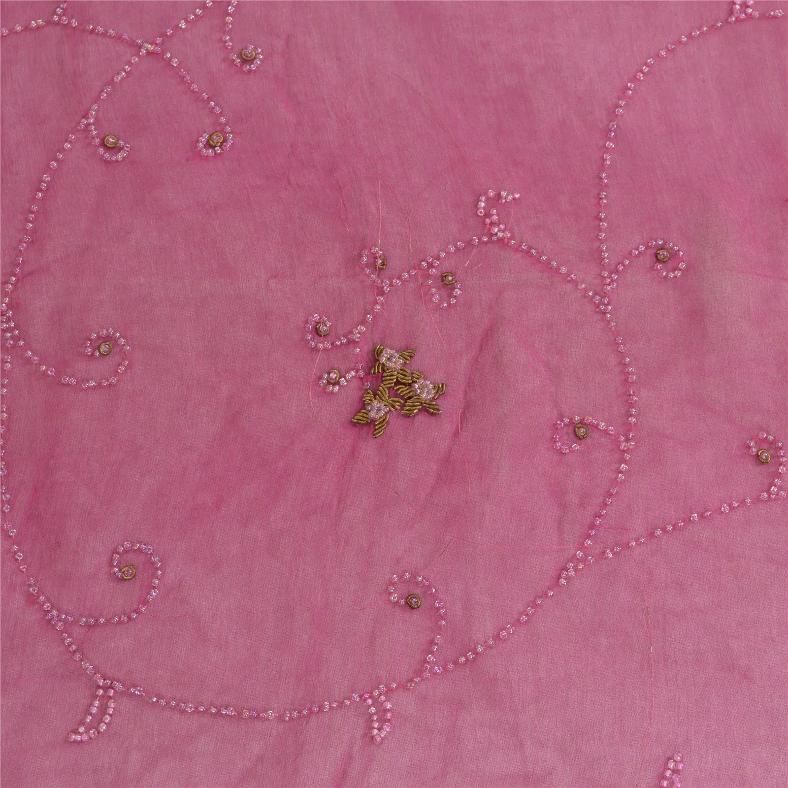 Sanskriti Vintage Long Pink Dupatta/Stole Pure Chiffon Silk Hand Beaded Scarves