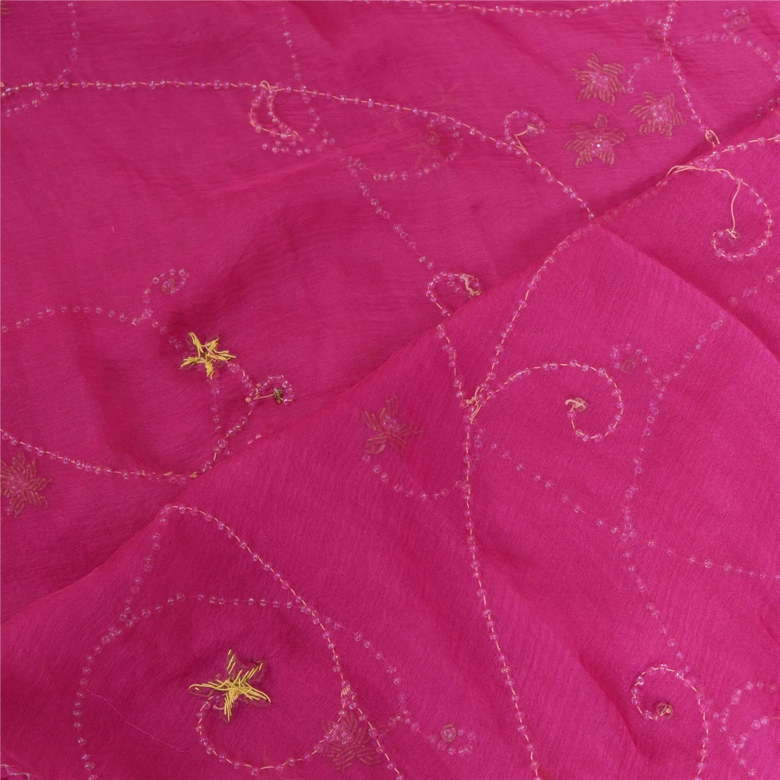 Sanskriti Vintage Long Pink Dupatta/Stole Pure Chiffon Silk Hand Beaded Scarves