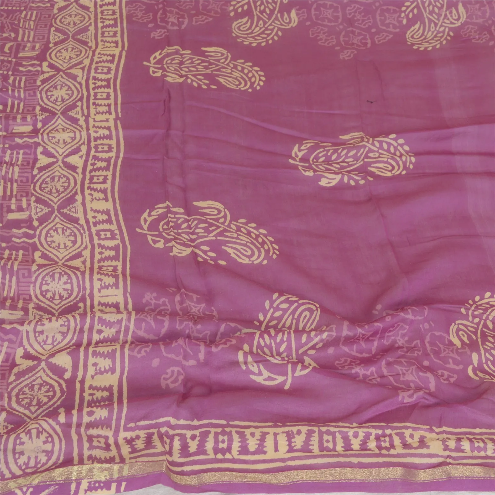 Sanskriti Vintage Long Purple Dupatta/Stole Cotton Silk Block Printed Scarves