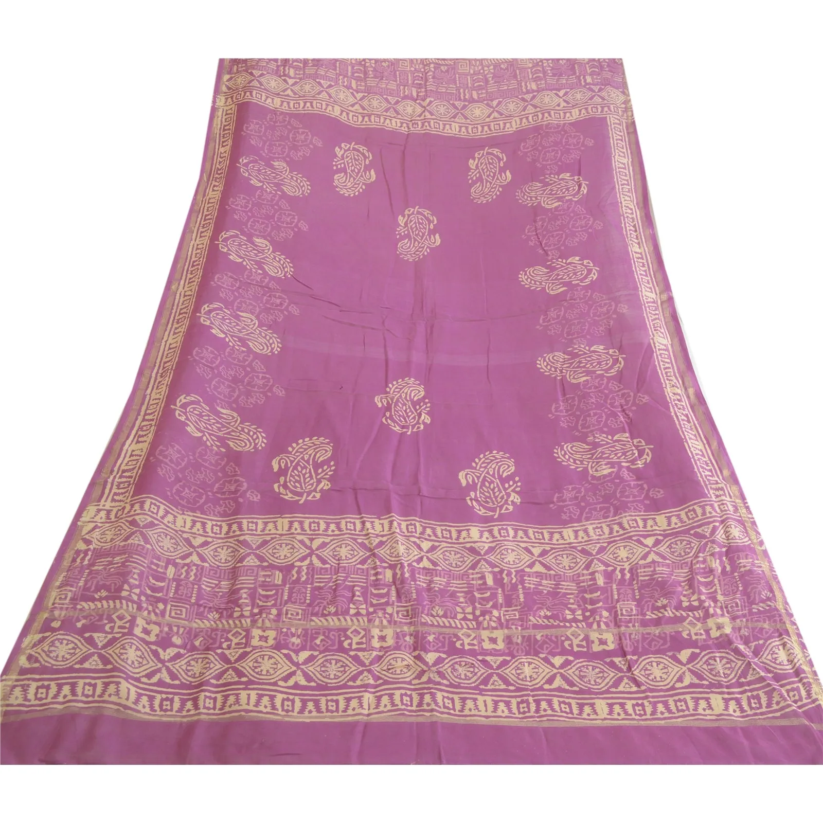 Sanskriti Vintage Long Purple Dupatta/Stole Cotton Silk Block Printed Scarves