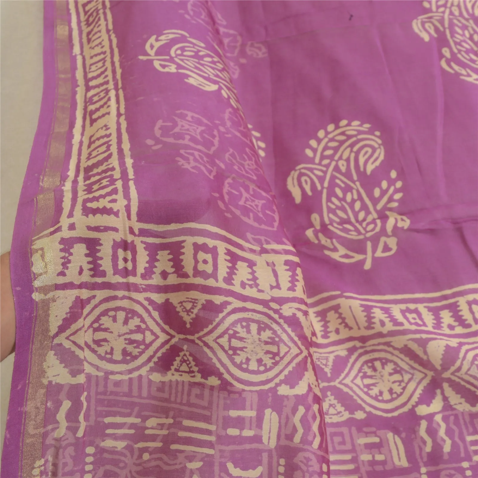 Sanskriti Vintage Long Purple Dupatta/Stole Cotton Silk Block Printed Scarves