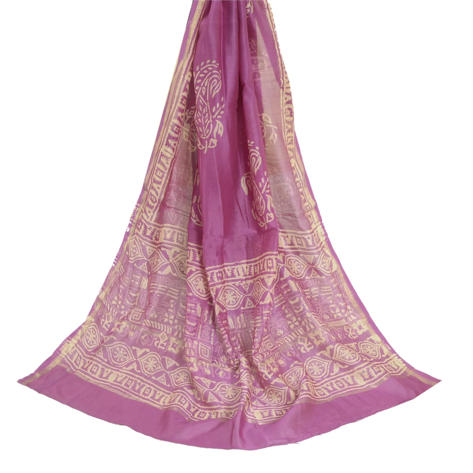 Sanskriti Vintage Long Purple Dupatta/Stole Cotton Silk Block Printed Scarves