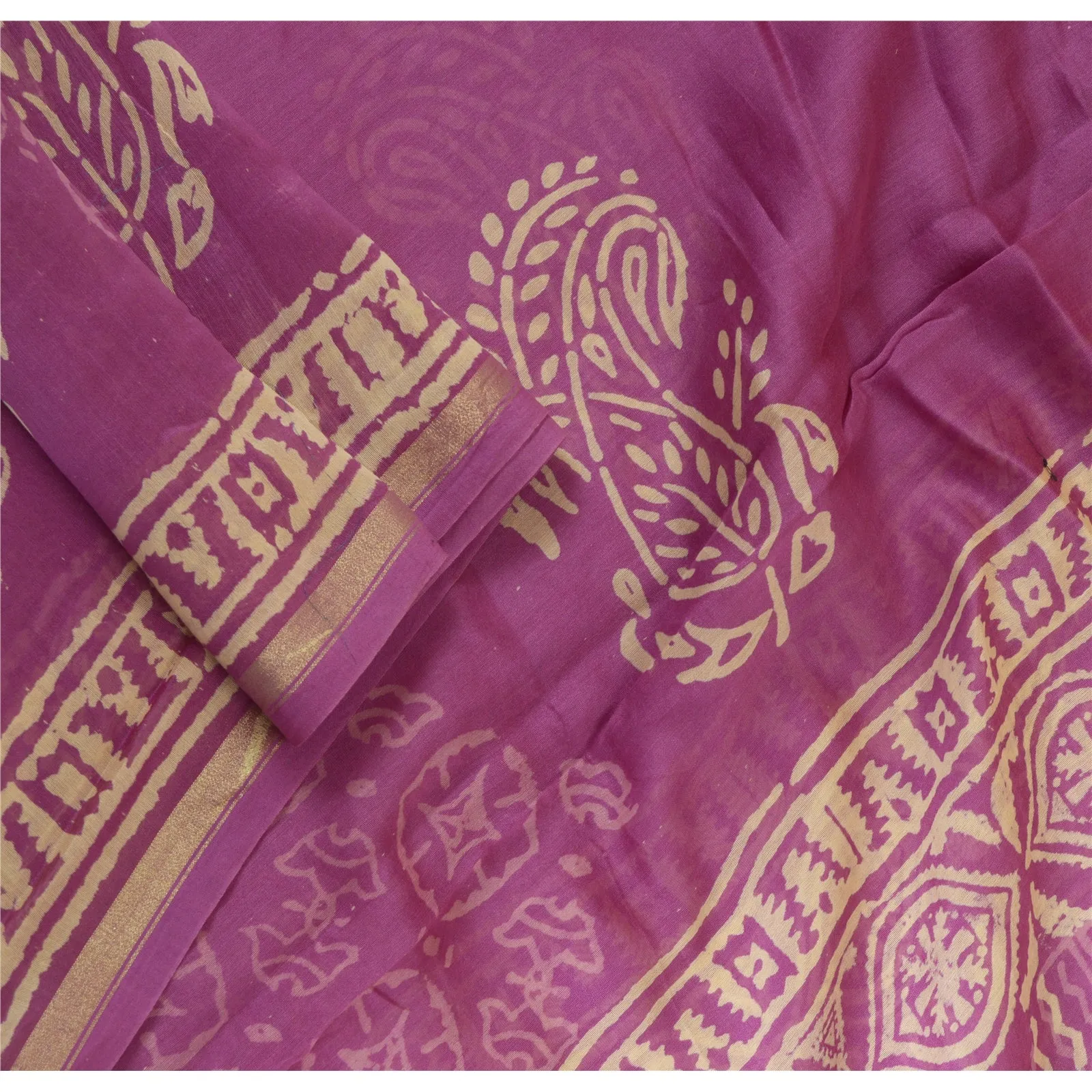 Sanskriti Vintage Long Purple Dupatta/Stole Cotton Silk Block Printed Scarves