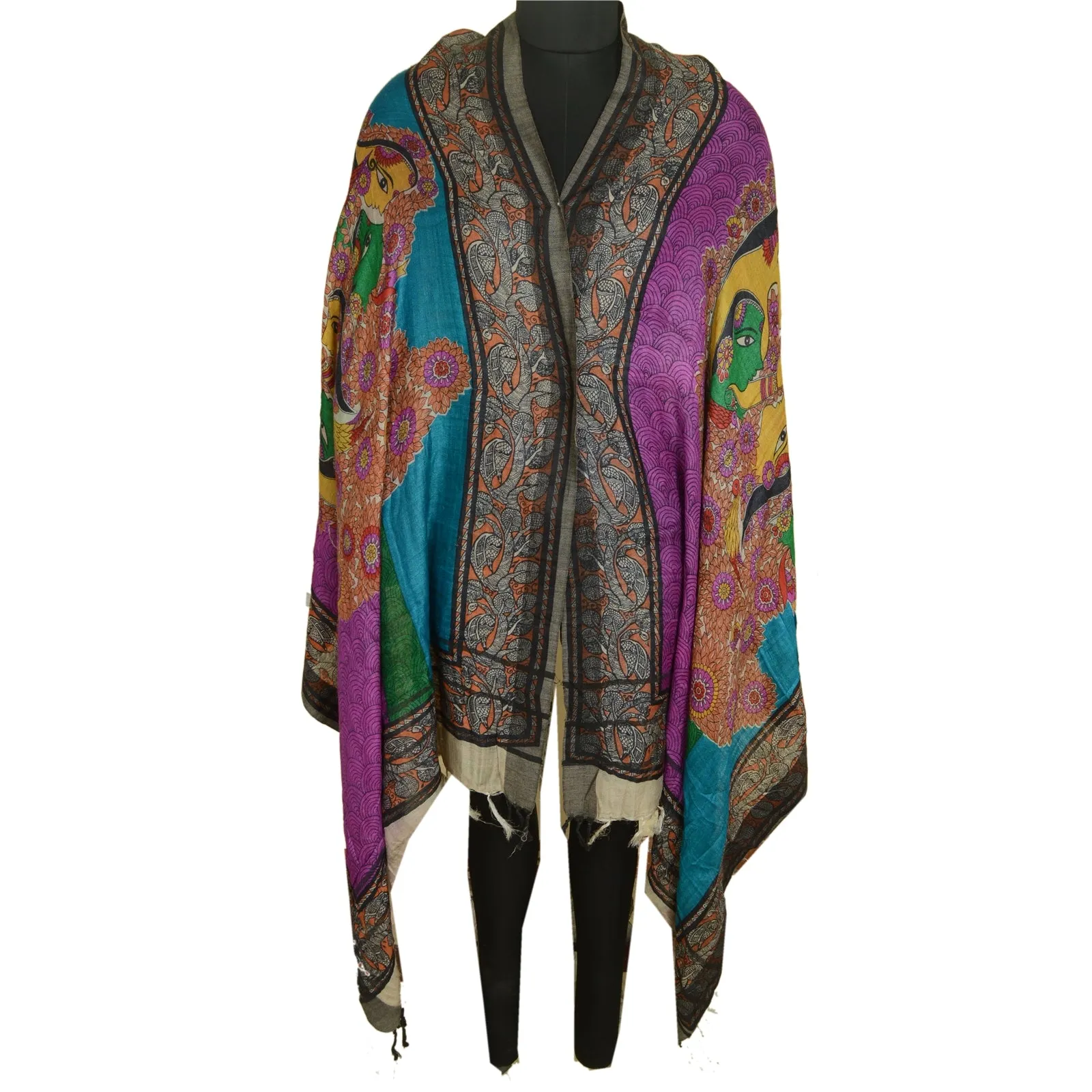 Sanskriti Vintage Pure Woolen Dupatta Long Stole Madhubani Printed Wrap Scarves