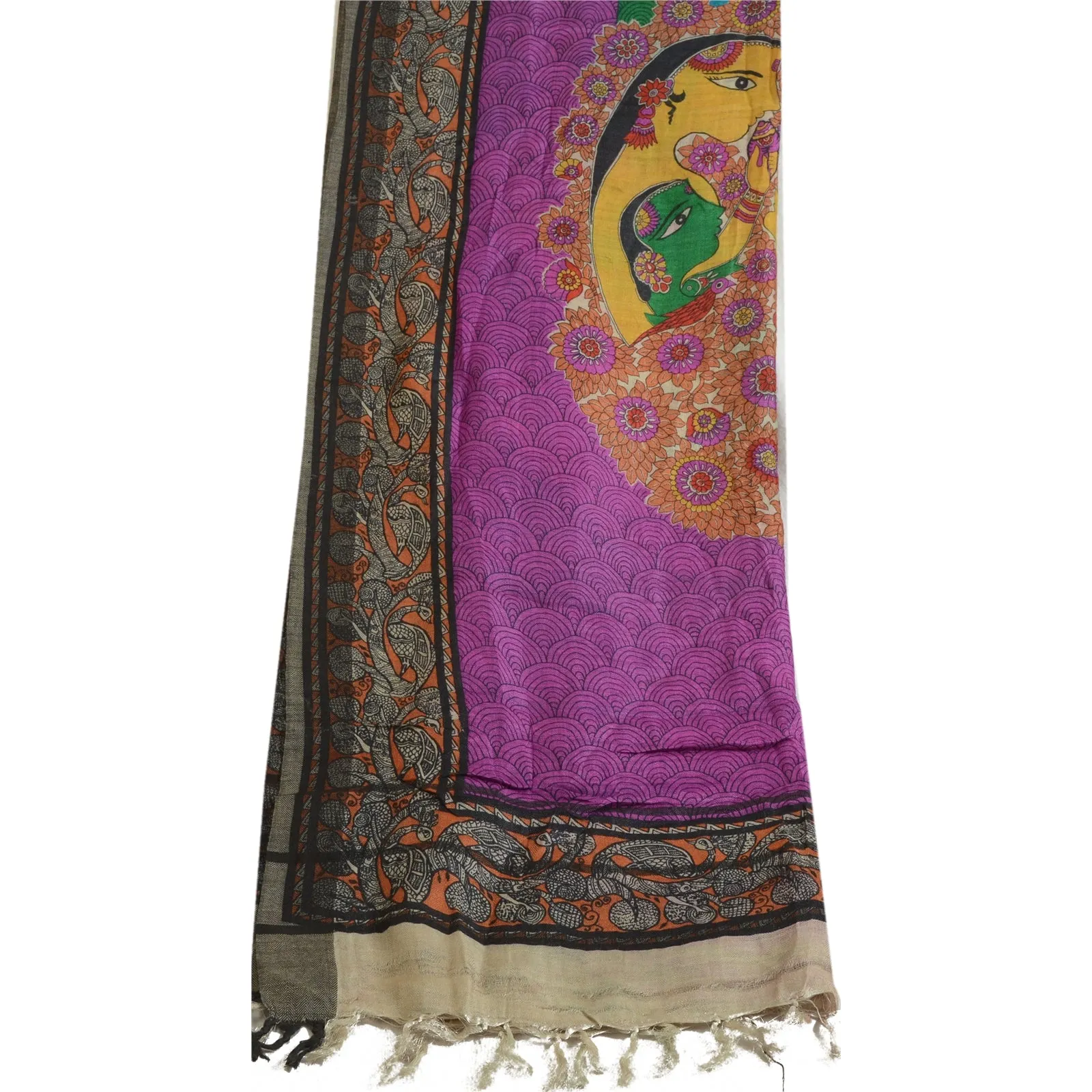 Sanskriti Vintage Pure Woolen Dupatta Long Stole Madhubani Printed Wrap Scarves