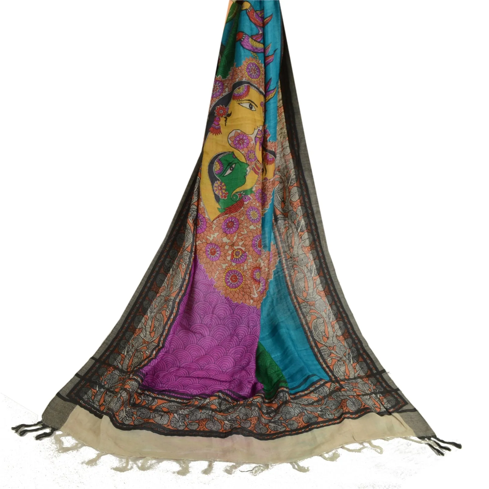 Sanskriti Vintage Pure Woolen Dupatta Long Stole Madhubani Printed Wrap Scarves