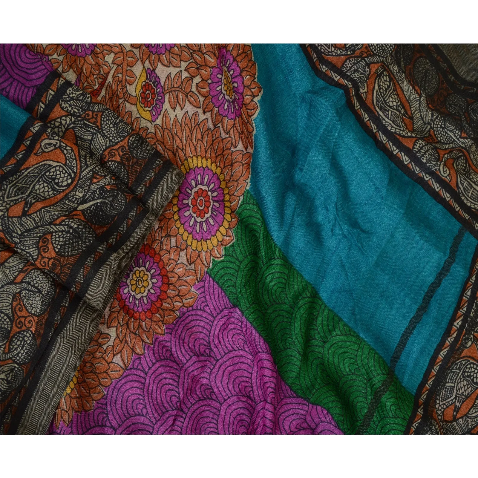 Sanskriti Vintage Pure Woolen Dupatta Long Stole Madhubani Printed Wrap Scarves