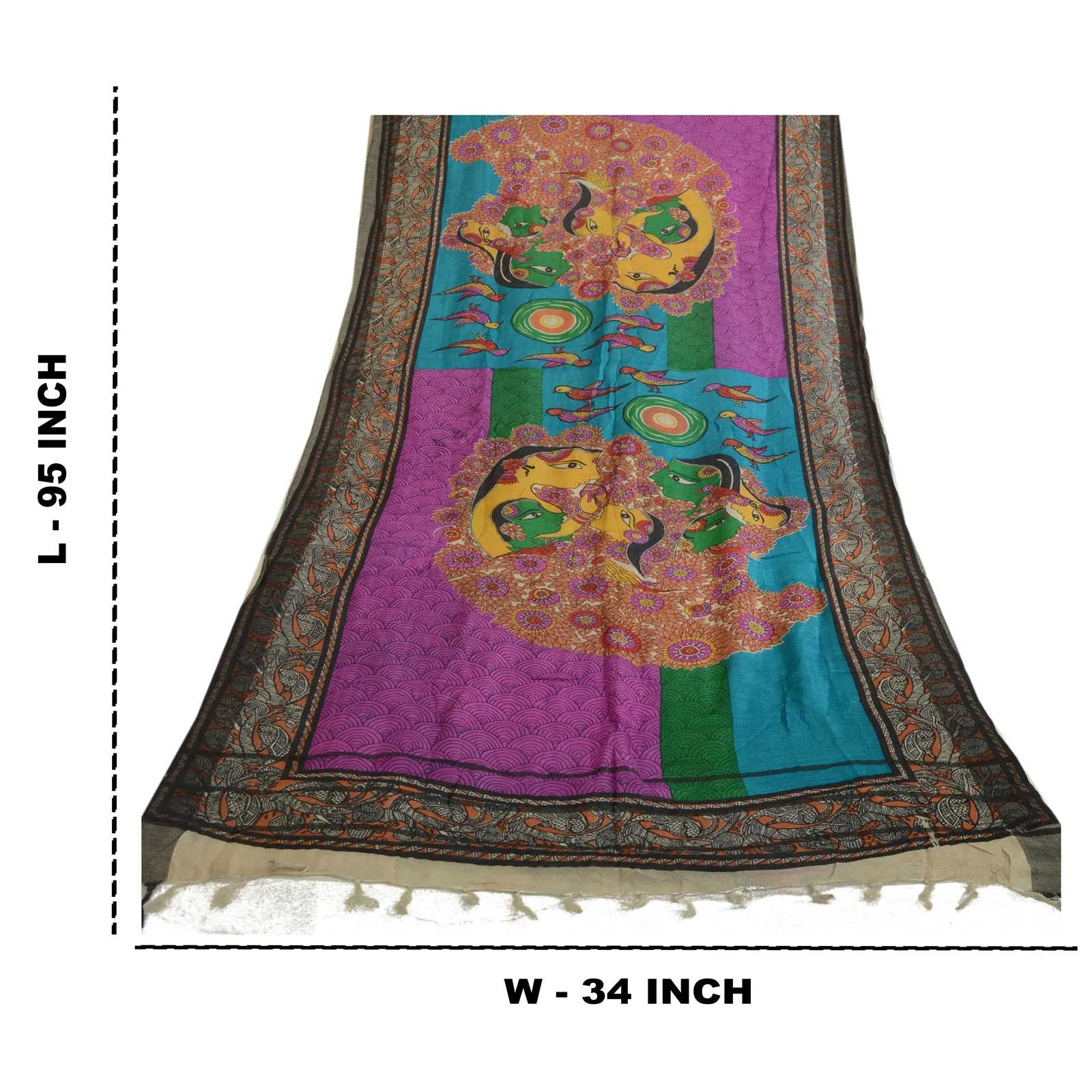 Sanskriti Vintage Pure Woolen Dupatta Long Stole Madhubani Printed Wrap Scarves