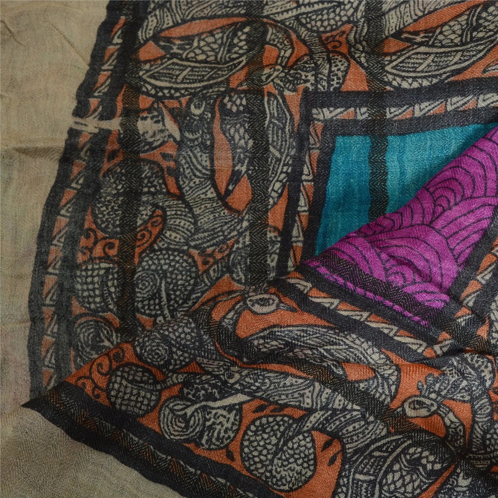 Sanskriti Vintage Pure Woolen Dupatta Long Stole Madhubani Printed Wrap Scarves