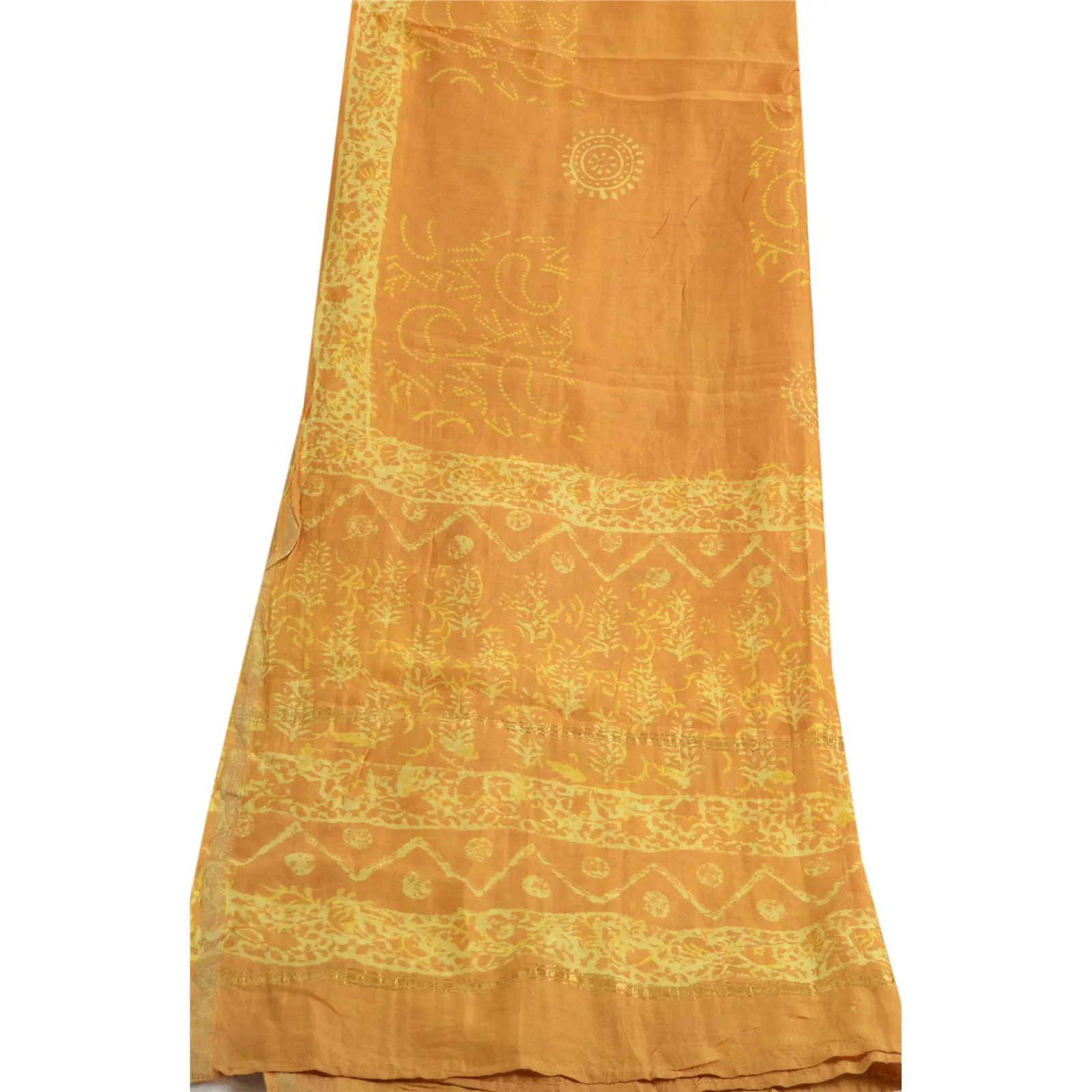 Sanskriti Vintage Saffron Long Dupatta Stole 100% Pure Silk Batik Work Scarves