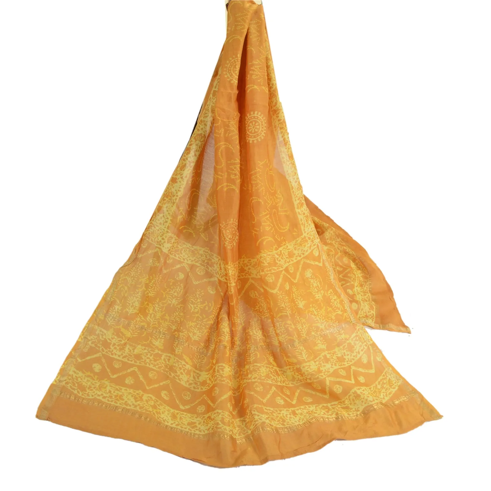 Sanskriti Vintage Saffron Long Dupatta Stole 100% Pure Silk Batik Work Scarves