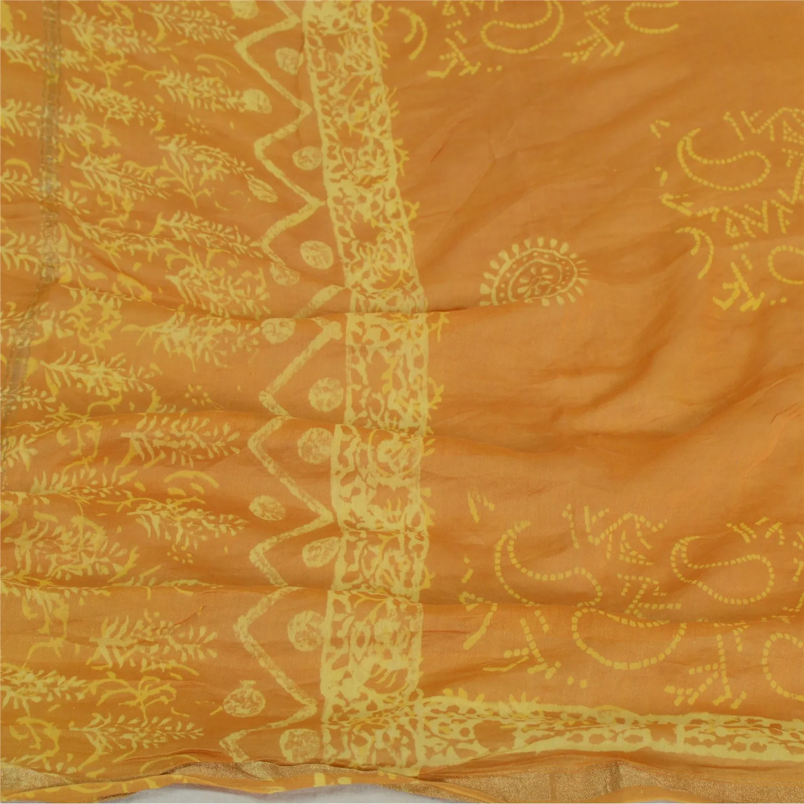 Sanskriti Vintage Saffron Long Dupatta Stole 100% Pure Silk Batik Work Scarves