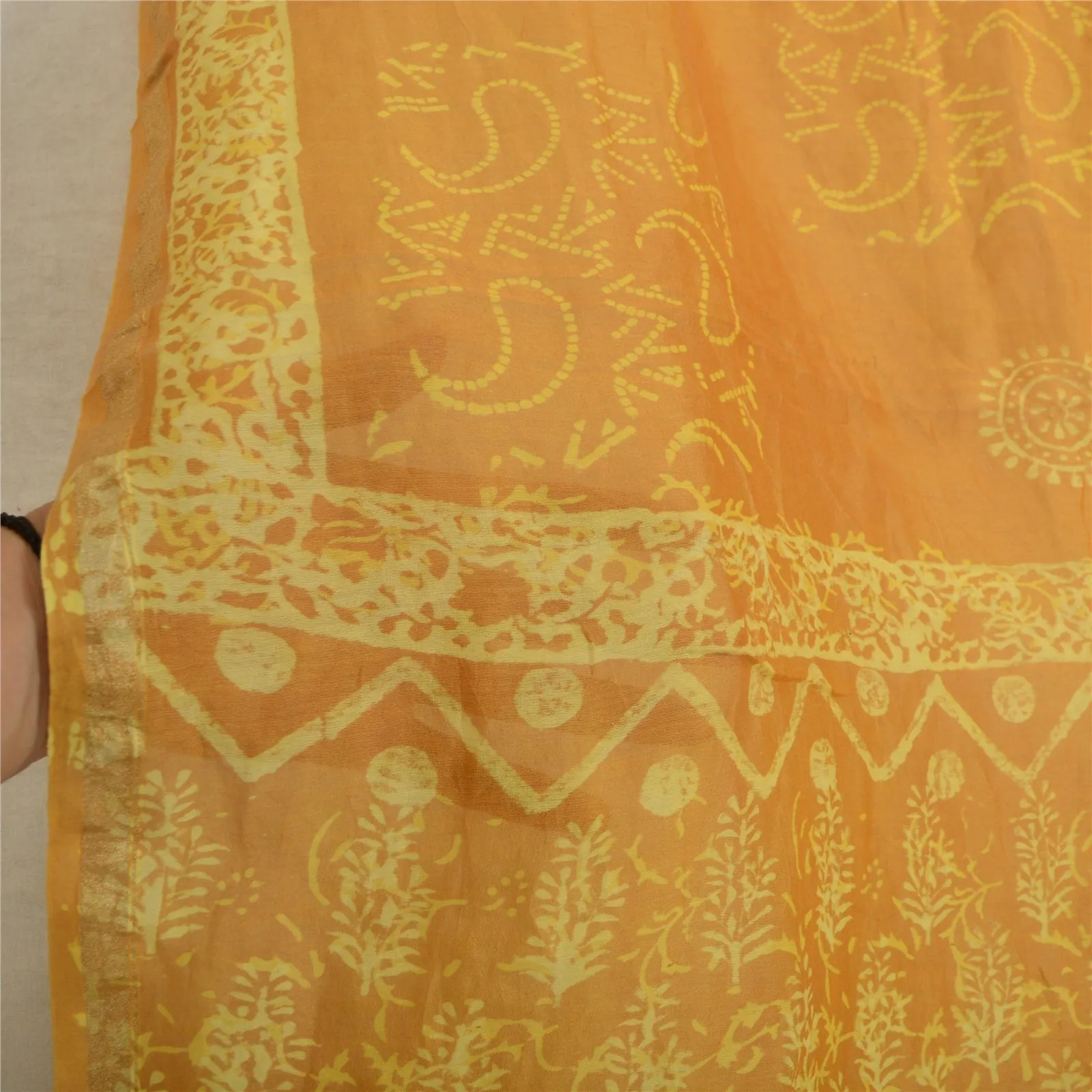 Sanskriti Vintage Saffron Long Dupatta Stole 100% Pure Silk Batik Work Scarves