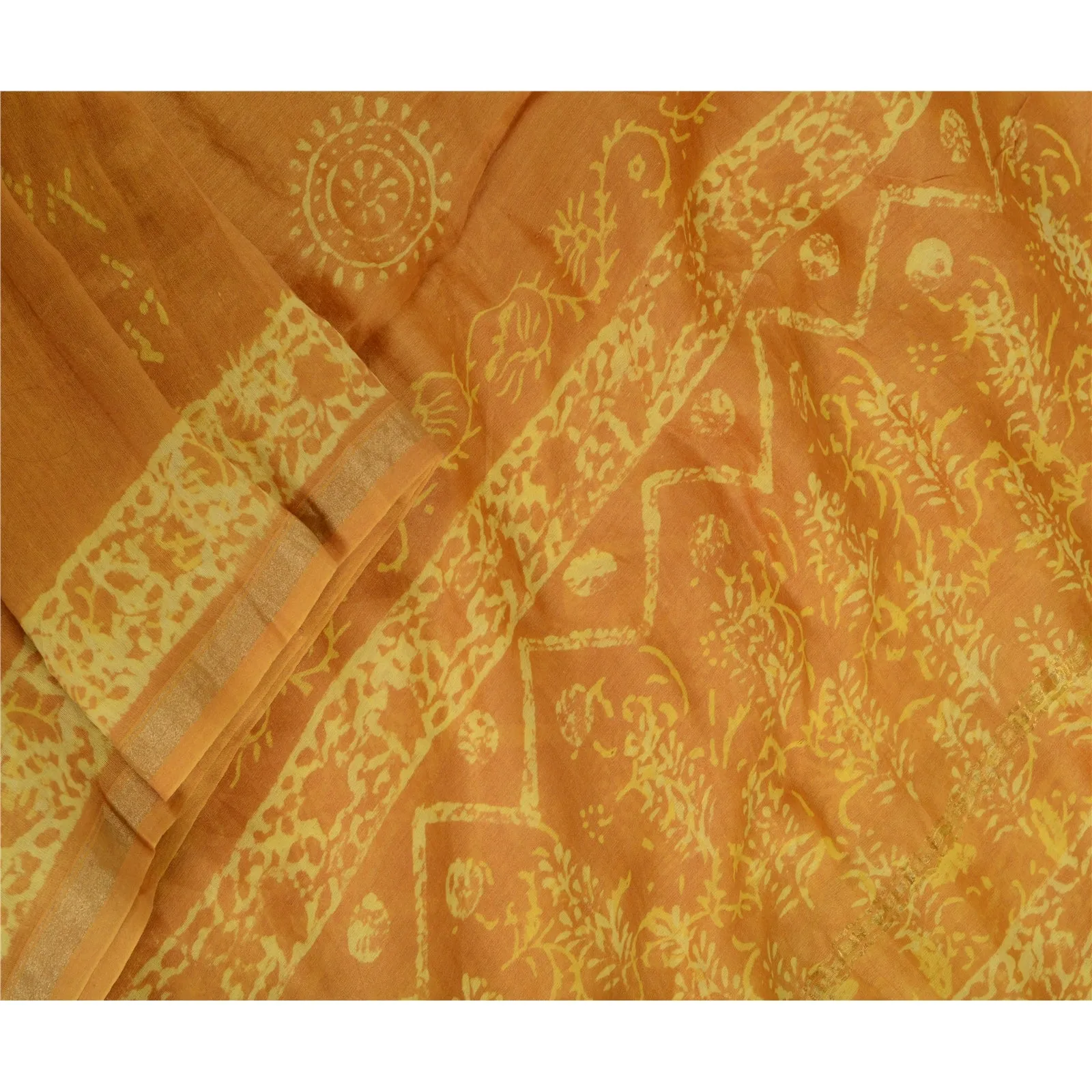 Sanskriti Vintage Saffron Long Dupatta Stole 100% Pure Silk Batik Work Scarves