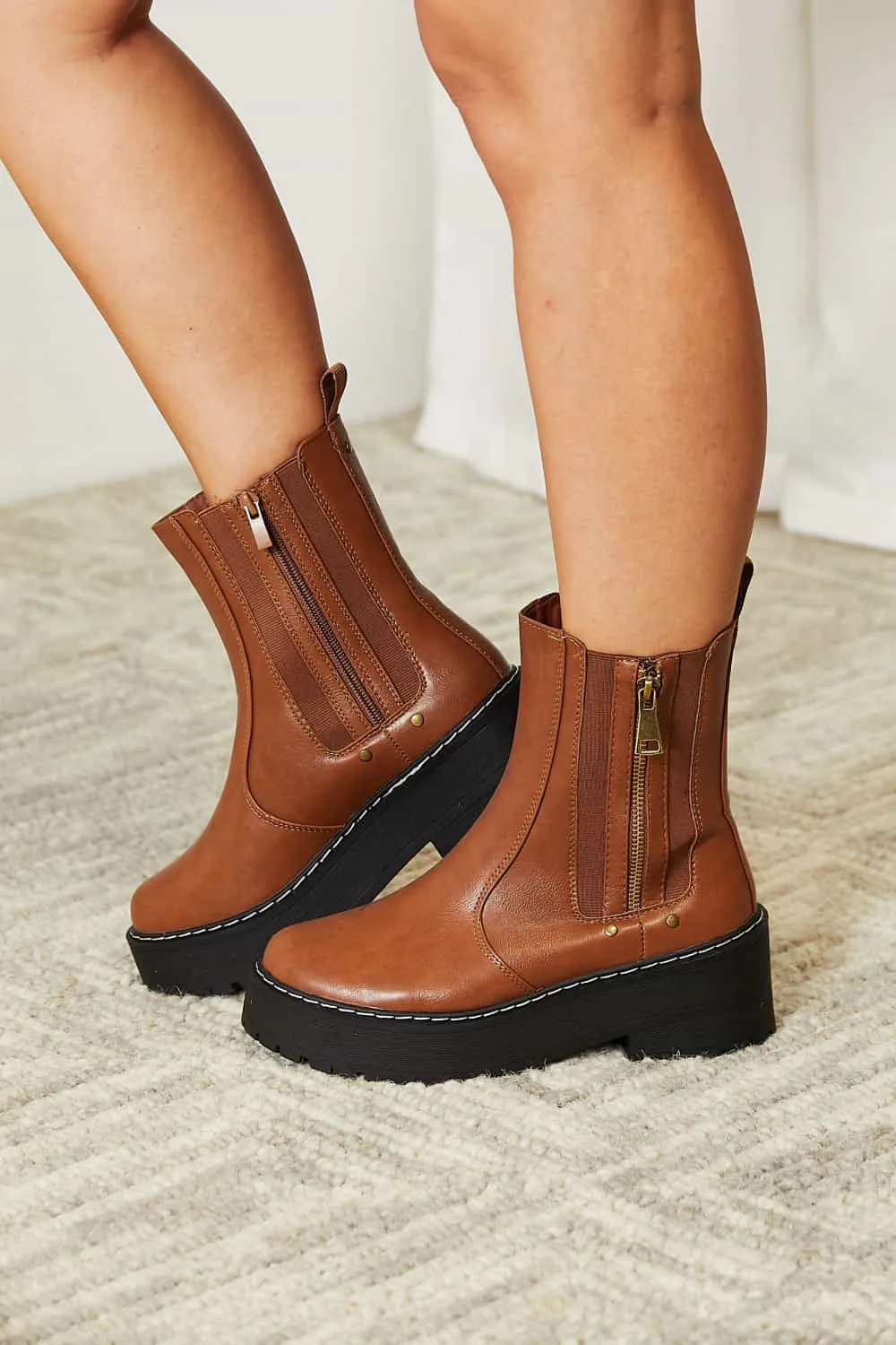 Side Zip Platform Boots in Chestnut