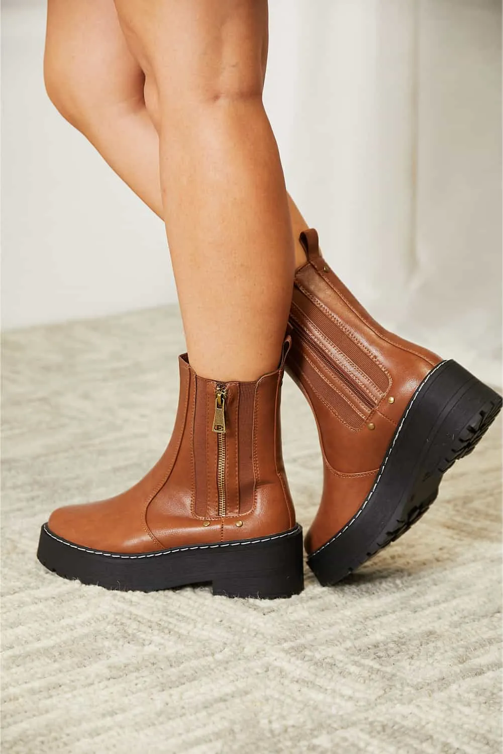 Side Zip Platform Boots in Chestnut