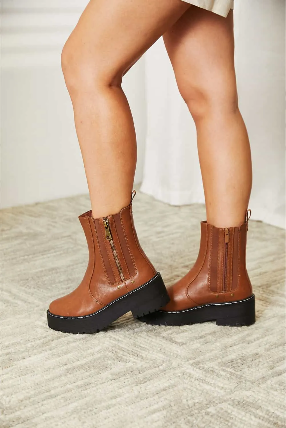 Side Zip Platform Boots in Chestnut