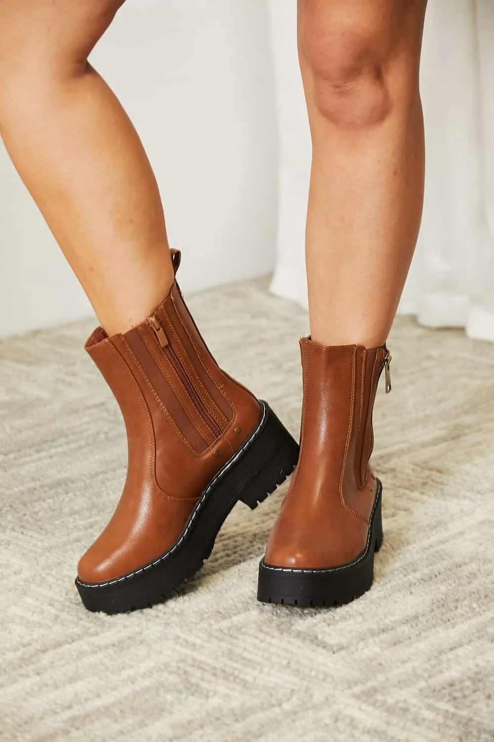 Side Zip Platform Boots in Chestnut