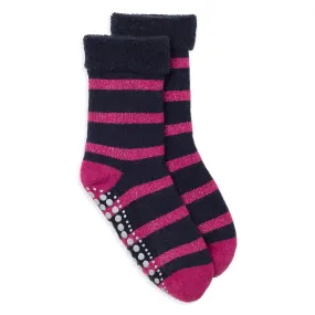 Slipper Socks Glitter Stripe Navy/Pink