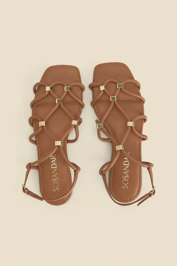 Tan Leather Gold Trim Gladiator Sandals