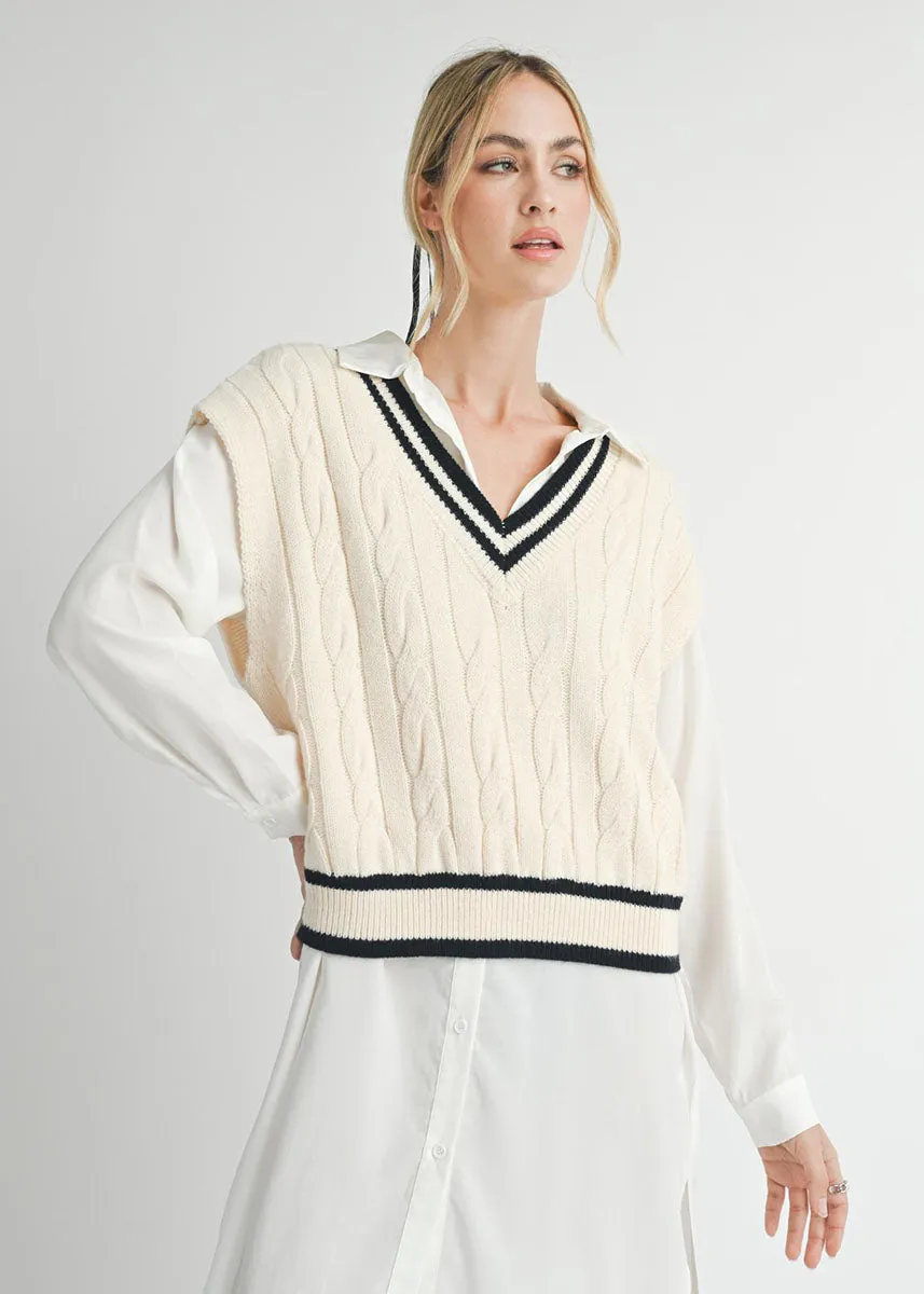 Tara V-Neck Cable Sweater - Ivory