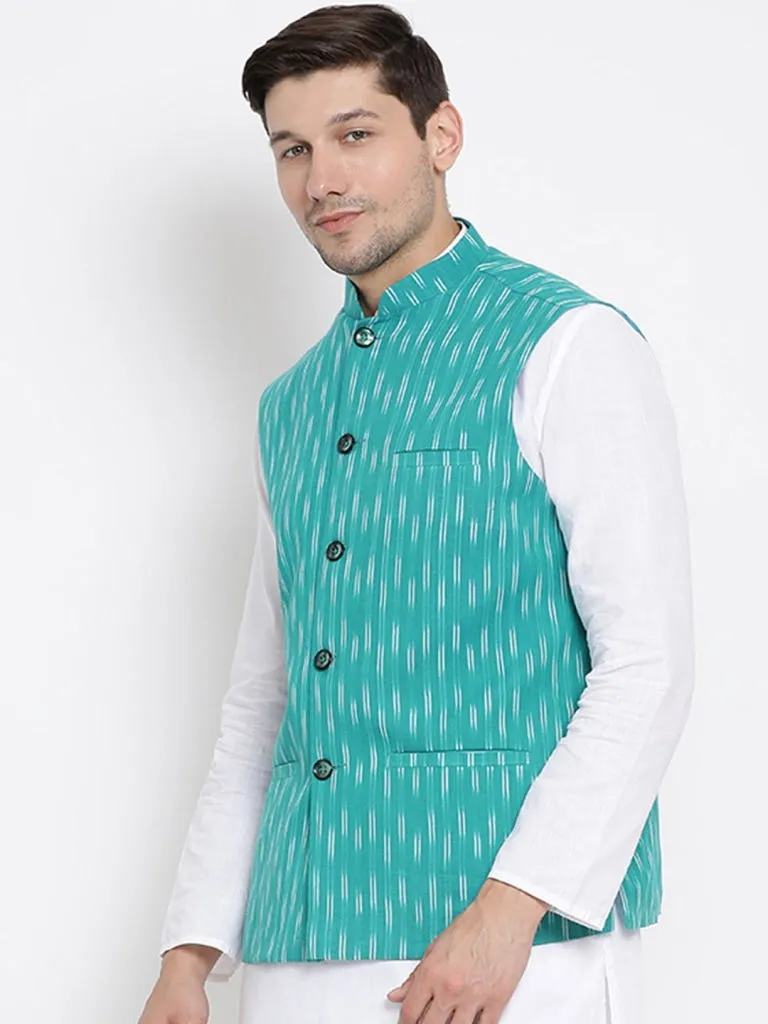 VASTRAMAY Men's Aqua Blue Cotton Ethnic Jacket