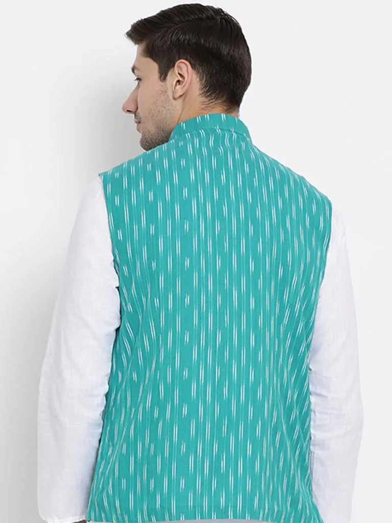 VASTRAMAY Men's Aqua Blue Cotton Ethnic Jacket