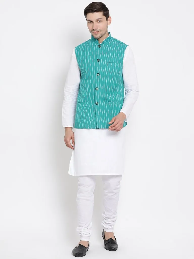 VASTRAMAY Men's Aqua Blue Cotton Ethnic Jacket