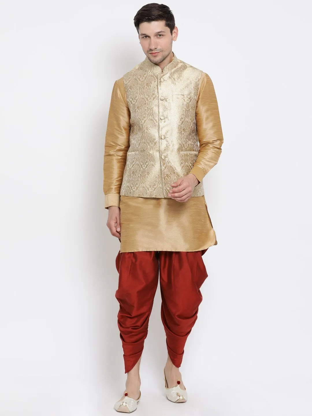 VASTRAMAY Men's Gold Cotton Silk Blend Ethnic Jacket, Kurta and Dhoti Pant Set