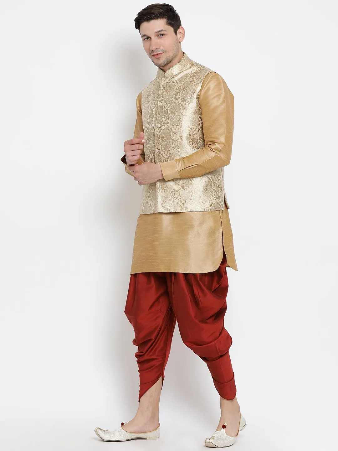 VASTRAMAY Men's Gold Cotton Silk Blend Ethnic Jacket, Kurta and Dhoti Pant Set