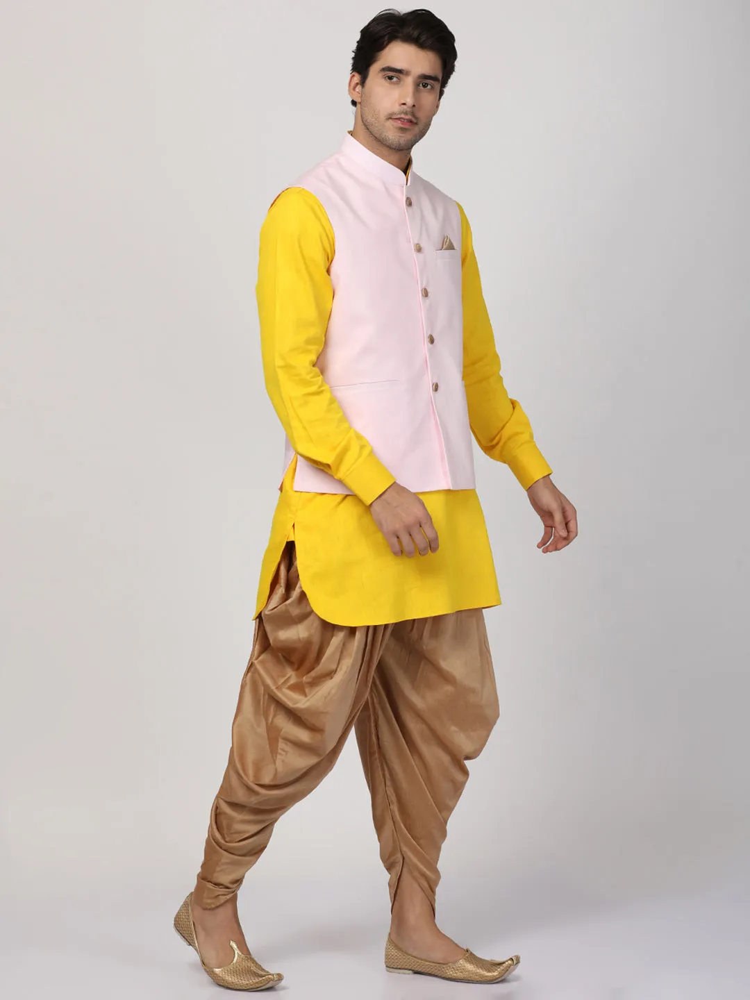 VASTRAMAY Men's Yellow Cotton Blend Ethnic Jacket, Kurta and Dhoti Pant Set