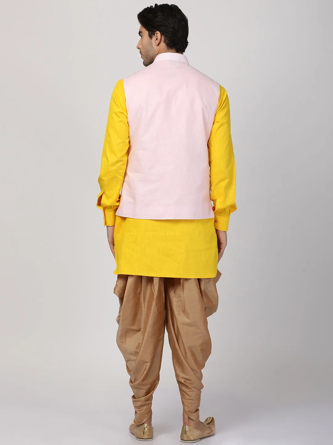 VASTRAMAY Men's Yellow Cotton Blend Ethnic Jacket, Kurta and Dhoti Pant Set