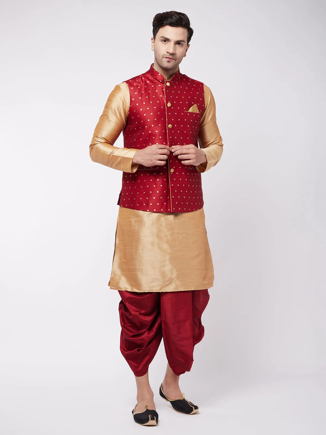 VM By VASTRAMAY Men's Maroon Zari Weaved Jacket With Kurta Dhoti Set