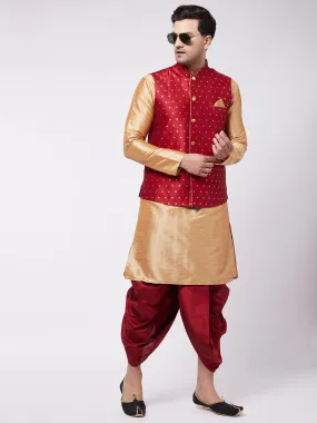 VM By VASTRAMAY Men's Maroon Zari Weaved Jacket With Kurta Dhoti Set