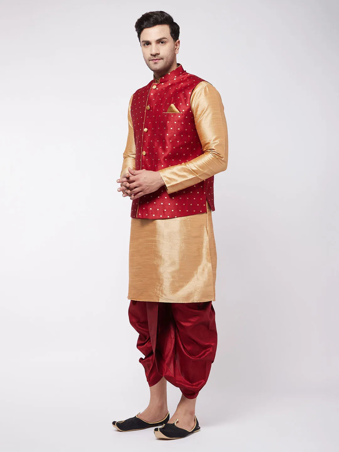 VM By VASTRAMAY Men's Maroon Zari Weaved Jacket With Kurta Dhoti Set