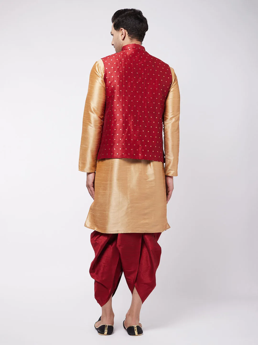 VM By VASTRAMAY Men's Maroon Zari Weaved Jacket With Kurta Dhoti Set