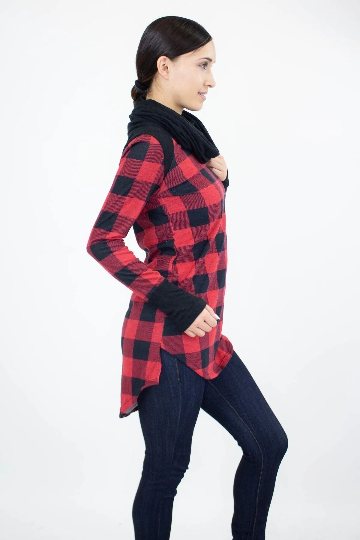 Womens Plaid Top Long Sleeve Cowl Neck Shirt Red/Black Sizes S/M